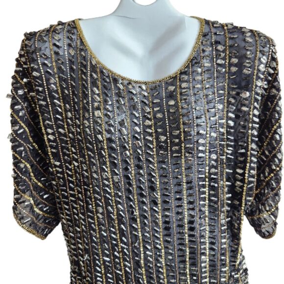 Parker NWT All Silk Hand Beaded Style Tunic/Dress-Art Deco-Black Gold-Flapper-S - Picture 5 of 15